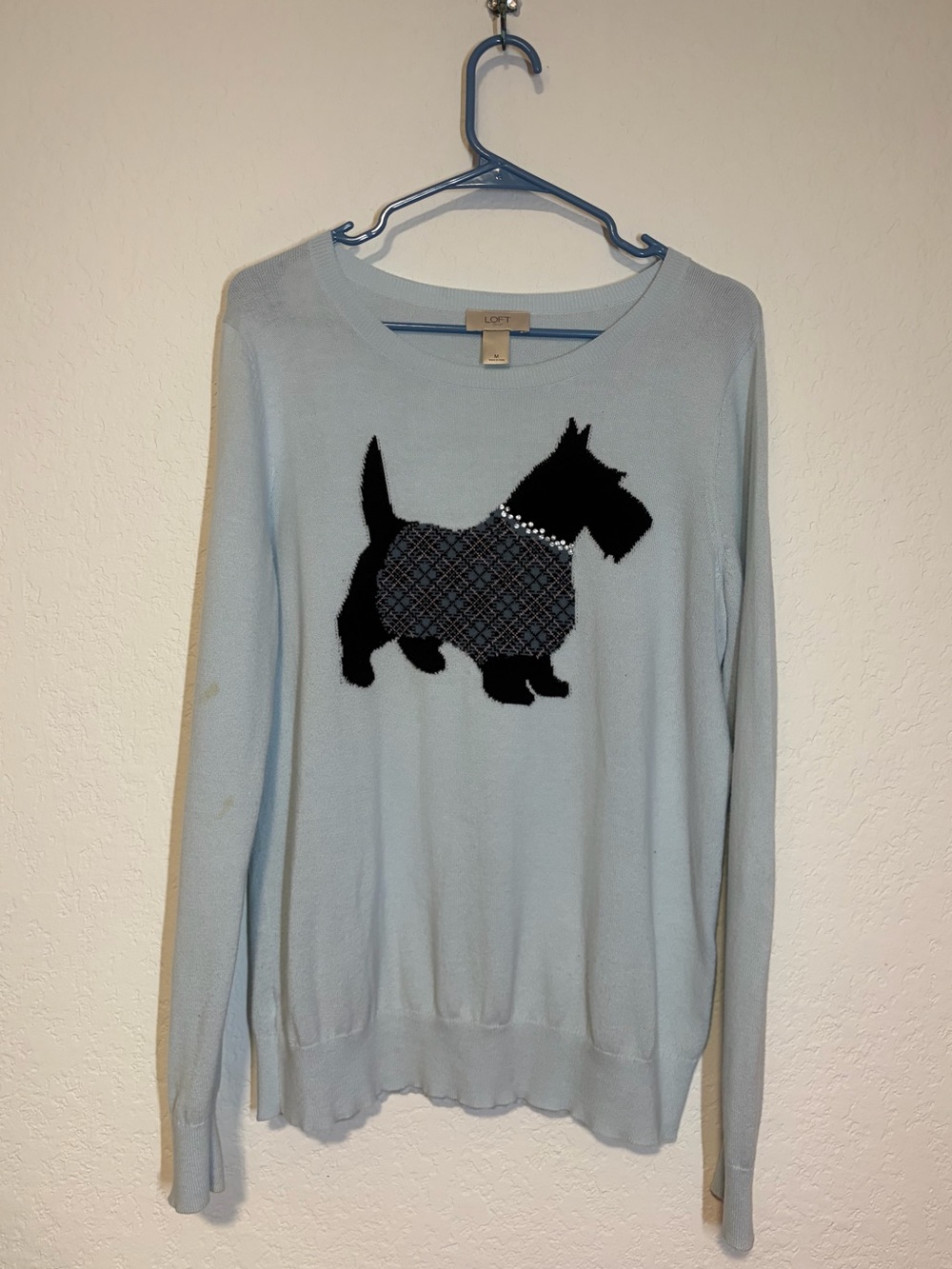 LOFT Light Blue Sweater with Cute Black Scottie Dog